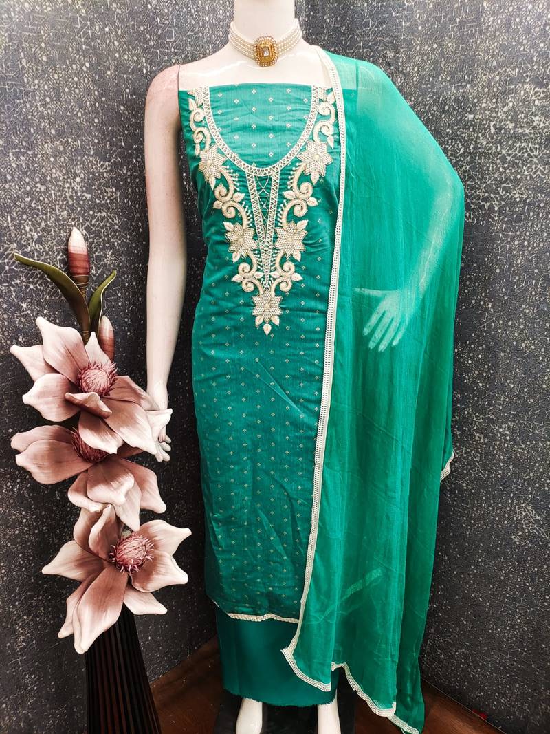 women's sea green unstitched butti cotton dress material with fancy border dupatta