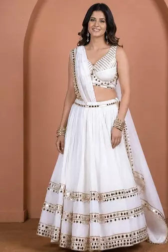 white cotton embroidered mirror work ghagra choli