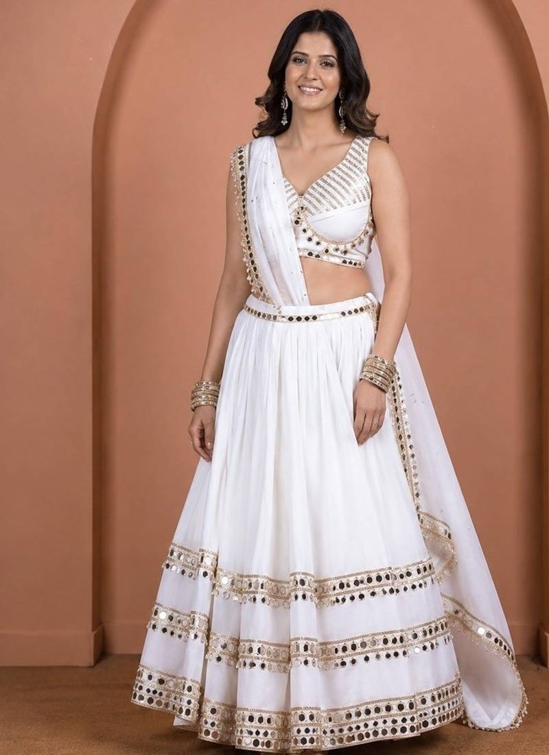 white cotton embroidered mirror work ghagra choli