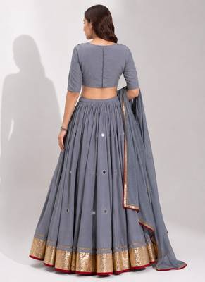 grey cotton embroidered mirror work ghagra choli 2