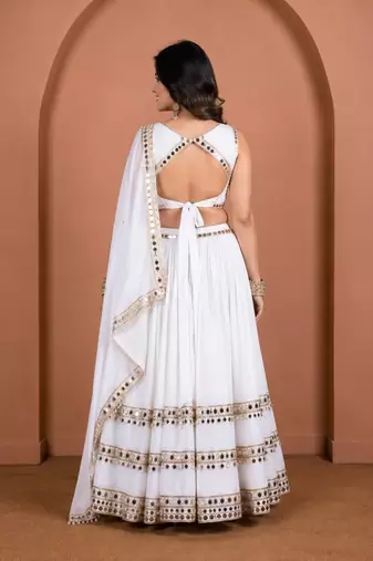 white cotton embroidered mirror work ghagra choli