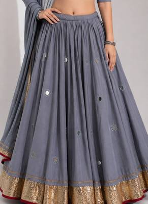 grey cotton embroidered mirror work ghagra choli 5