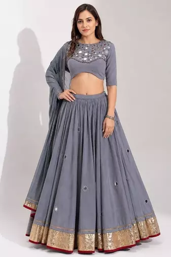 grey cotton embroidered mirror work ghagra choli