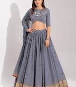 grey cotton embroidered mirror work ghagra choli