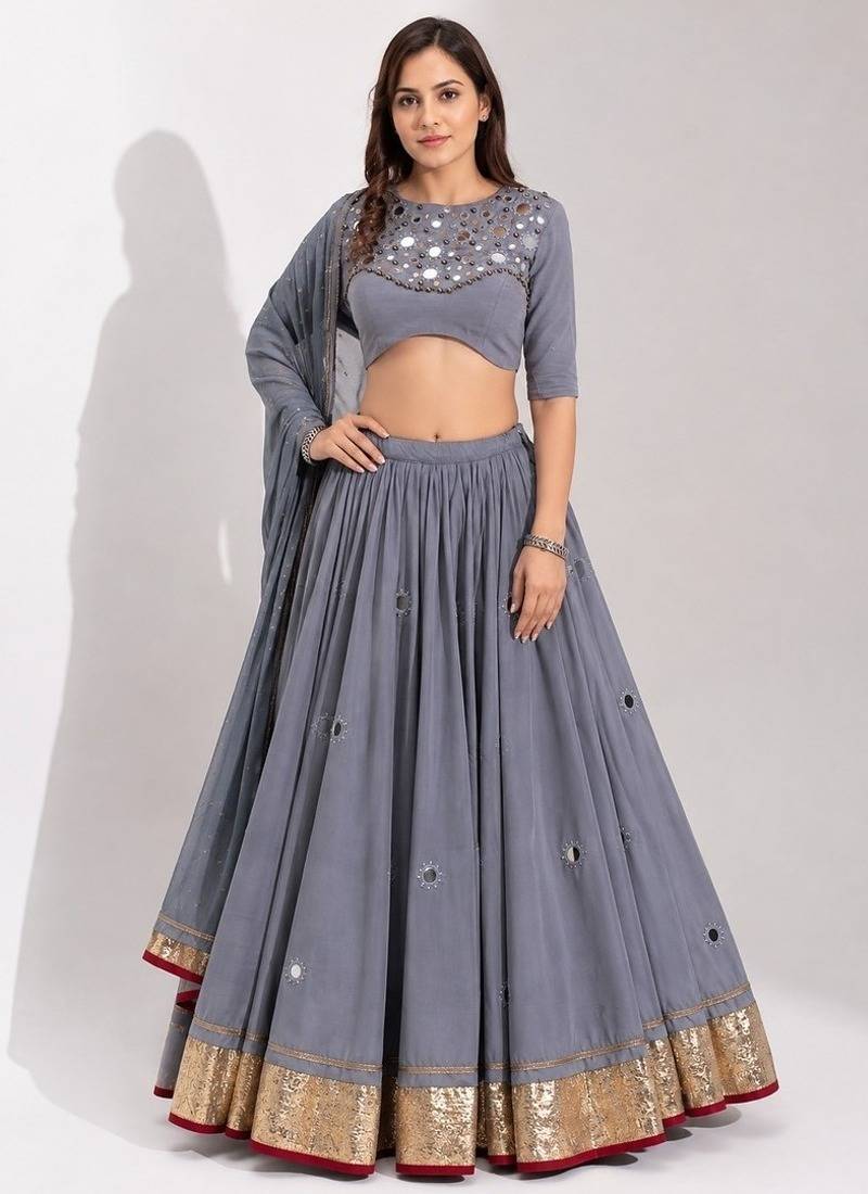 grey cotton embroidered mirror work ghagra choli