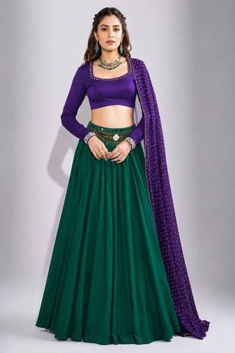 green cotton embroidered mirror work ghagra choli