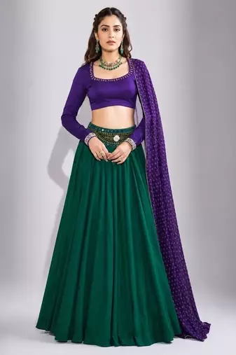 green cotton embroidered mirror work ghagra choli