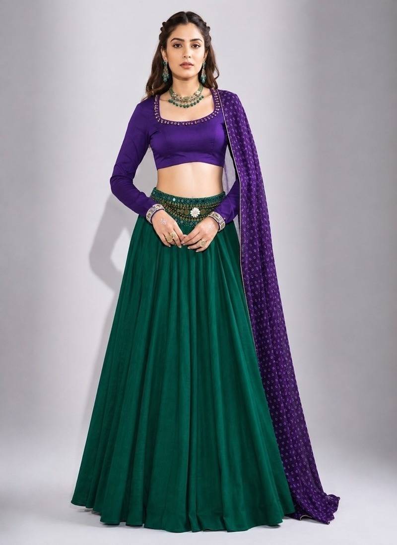 green cotton embroidered mirror work ghagra choli