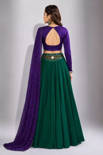 green cotton embroidered mirror work ghagra choli