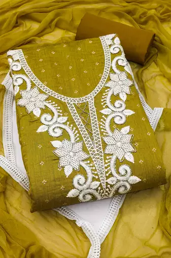women's light green unstitched butti cotton dress material with fancy dupatta