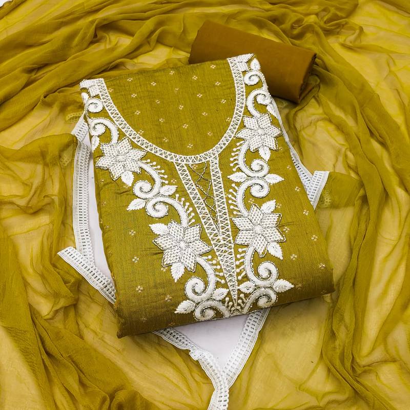 women's light green unstitched butti cotton dress material with fancy dupatta