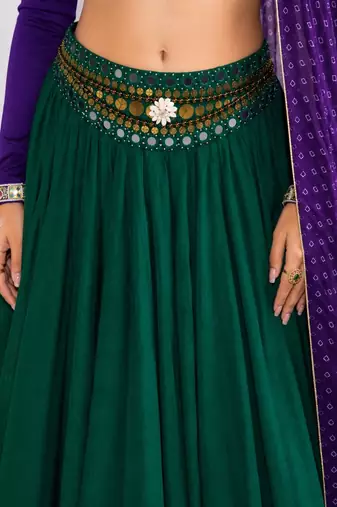 green cotton embroidered mirror work ghagra choli
