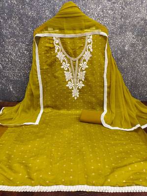 women's light green unstitched butti cotton dress material with fancy dupatta 3