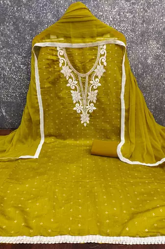women's light green unstitched butti cotton dress material with fancy dupatta