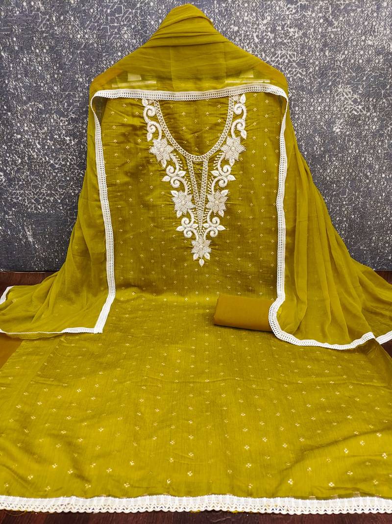 women's light green unstitched butti cotton dress material with fancy dupatta