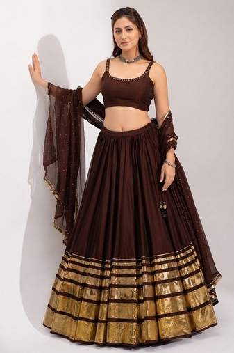 dark chocolate cotton embroidered mirror work ghagra choli