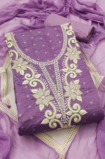 women's lavender unstitched butti cotton dress material with fancy border dupatta