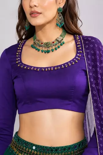 green cotton embroidered mirror work ghagra choli