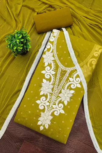 women's light green unstitched butti cotton dress material with fancy dupatta