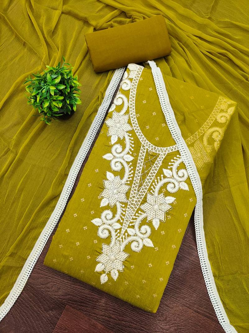 women's light green unstitched butti cotton dress material with fancy dupatta