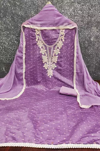 women's lavender unstitched butti cotton dress material with fancy border dupatta