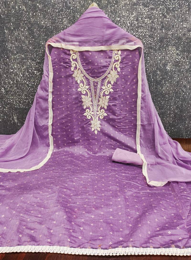 women's lavender unstitched butti cotton dress material with fancy border dupatta