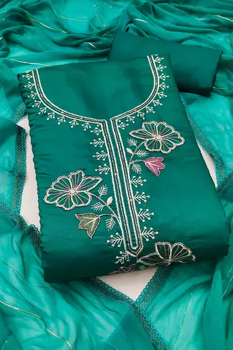 women's sea green unstitched roman silk dress material with emblished dupatta
