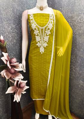 women's light green unstitched butti cotton dress material with fancy dupatta 1