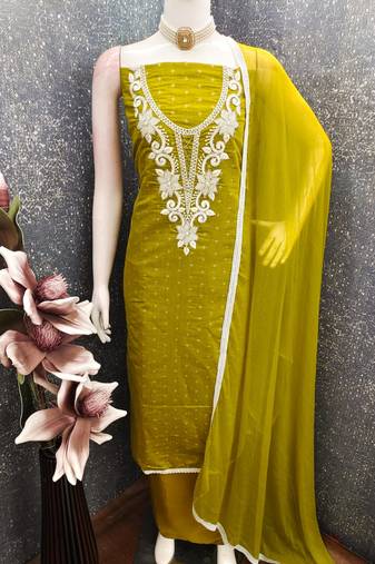 women's light green unstitched butti cotton dress material with fancy dupatta