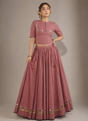 pink cotton embroidered mirror work ghagra choli 1