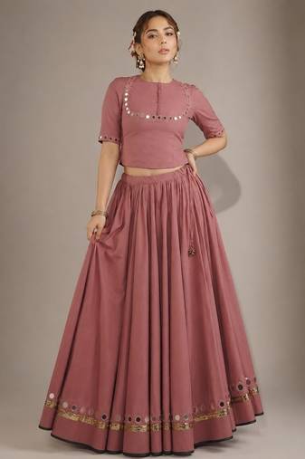 pink cotton embroidered mirror work ghagra choli