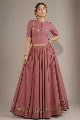 pink cotton embroidered mirror work ghagra choli