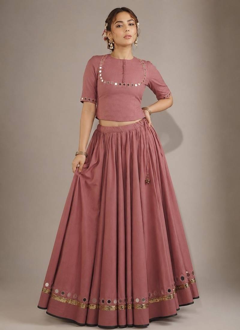 pink cotton embroidered mirror work ghagra choli
