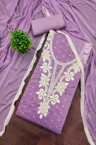 women's lavender unstitched butti cotton dress material with fancy border dupatta