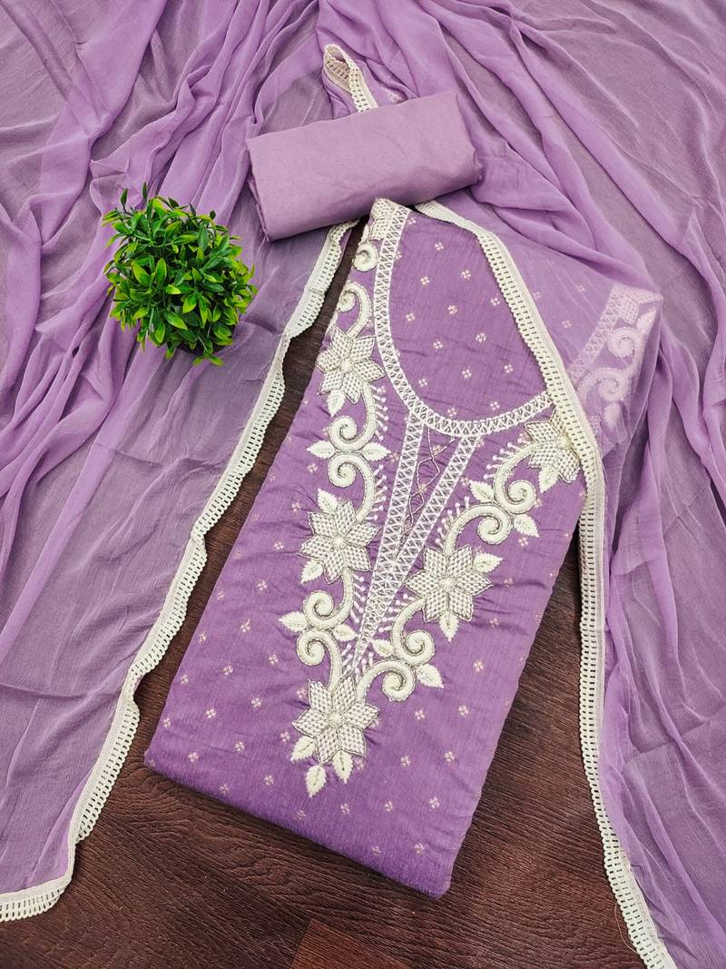 women's lavender unstitched butti cotton dress material with fancy border dupatta
