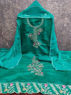 women's sea green unstitched roman silk dress material with emblished dupatta 3