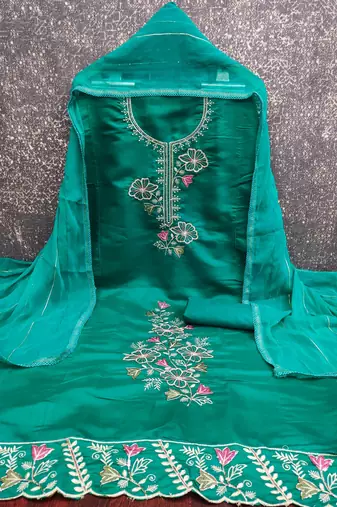 women's sea green unstitched roman silk dress material with emblished dupatta