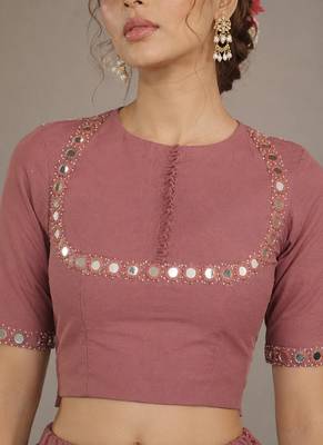pink cotton embroidered mirror work ghagra choli 4