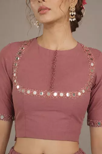 pink cotton embroidered mirror work ghagra choli
