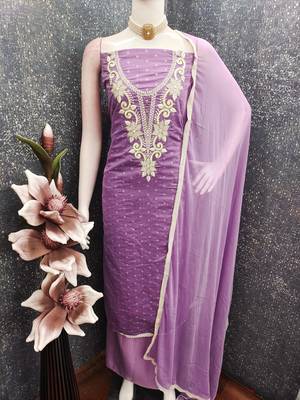 women's lavender unstitched butti cotton dress material with fancy border dupatta 1