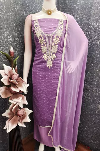 women's lavender unstitched butti cotton dress material with fancy border dupatta
