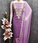 women's lavender unstitched butti cotton dress material with fancy border dupatta