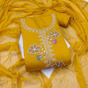 women's mustard unstitched roman silk dress material with emblished dupatta 2