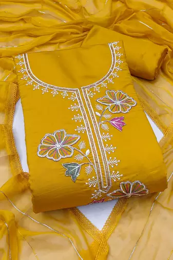women's mustard unstitched roman silk dress material with emblished dupatta