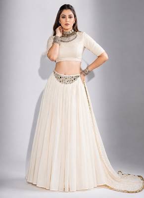 off white cotton embroidered mirror work ghagra choli 1