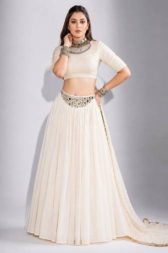 off white cotton embroidered mirror work ghagra choli