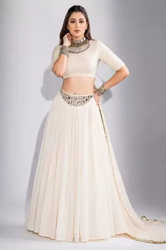 off white cotton embroidered mirror work ghagra choli
