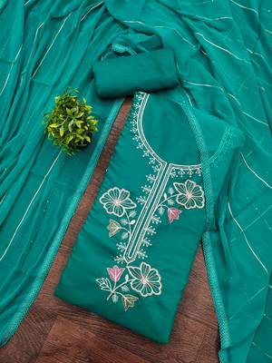 women's sea green unstitched roman silk dress material with emblished dupatta 4