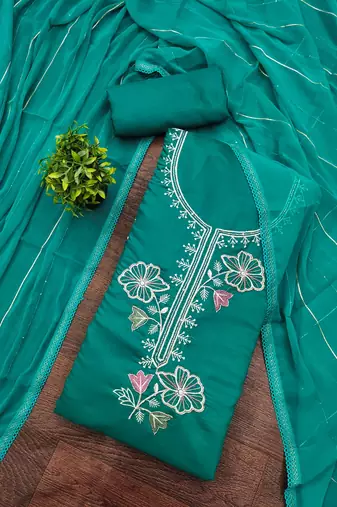 women's sea green unstitched roman silk dress material with emblished dupatta