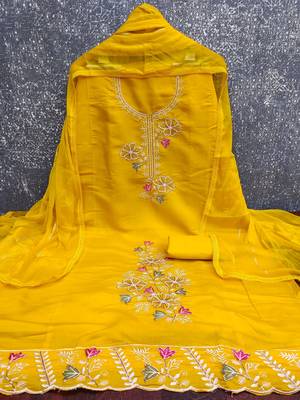 women's mustard unstitched roman silk dress material with emblished dupatta 3